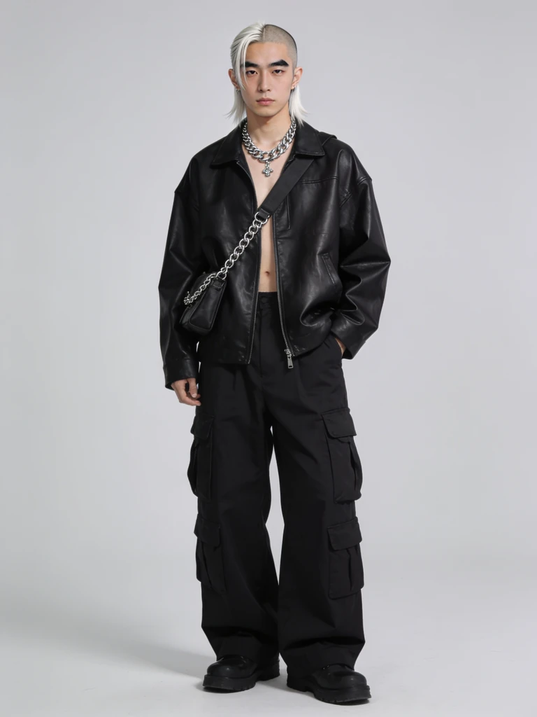 AI character: platinum hair, black leather jacket. Not a real person.
